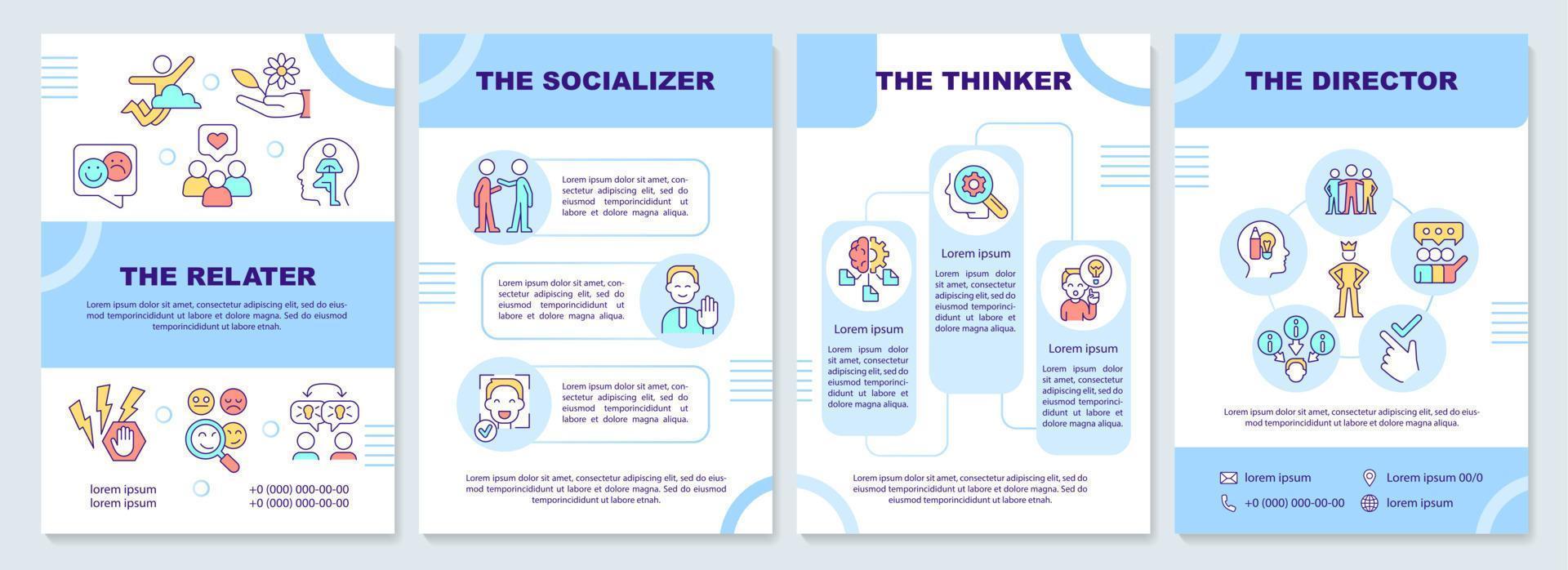 Communication styles blue brochure template. Relater and thinker. Leaflet design with linear icons. 4 vector layouts for presentation, annual reports.