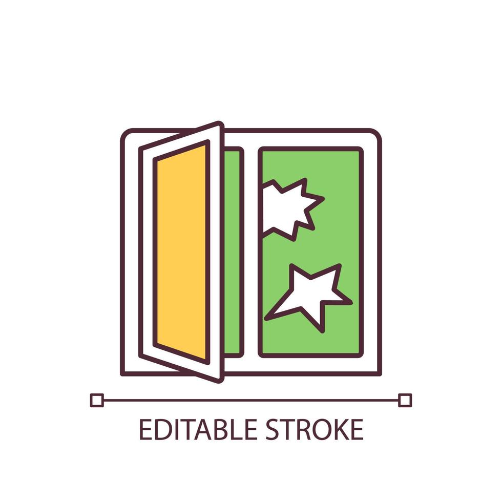 Broken window RGB color icon. Abandoned building with destroyed window. Result of vandals attack. Isolated vector illustration. Simple filled line drawing. Editable stroke.
