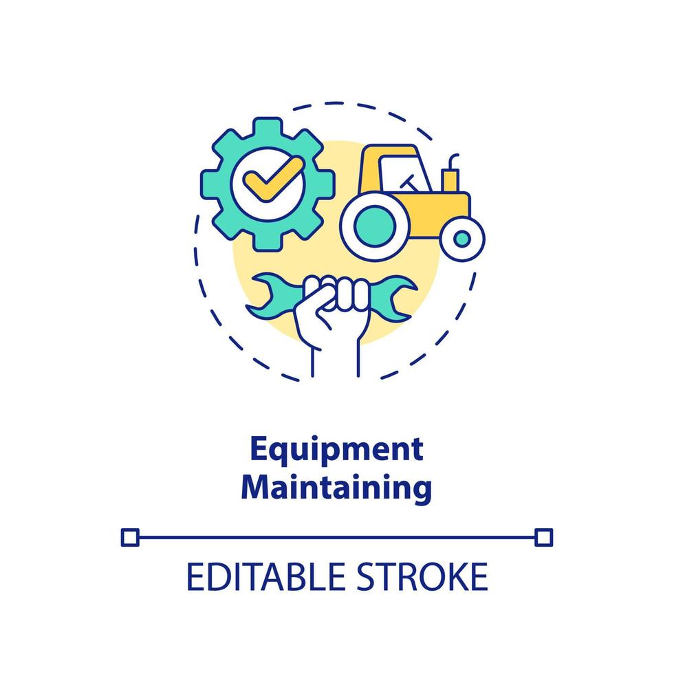 icono de concepto de mantenimiento de equipos. transporte y herramientas. Ilustración de línea delgada de idea abstracta de eficiencia energética agrícola. dibujo de contorno aislado. trazo editable. vector