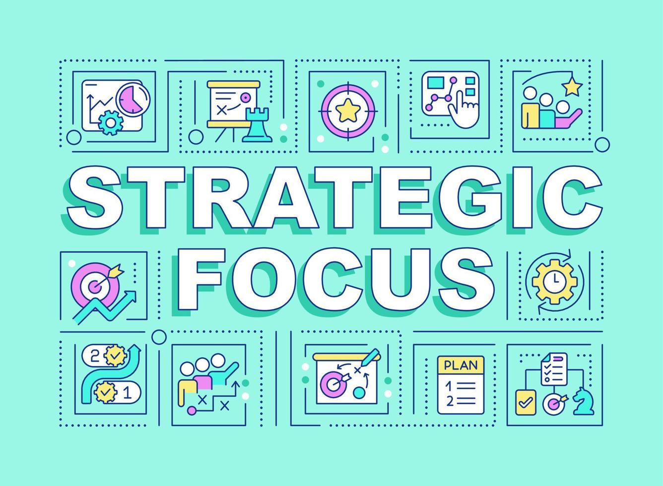 Strategic focus word concepts mint banner. Business planning Infographics with editable icons on color background. Isolated typography. Vector illustration with text.