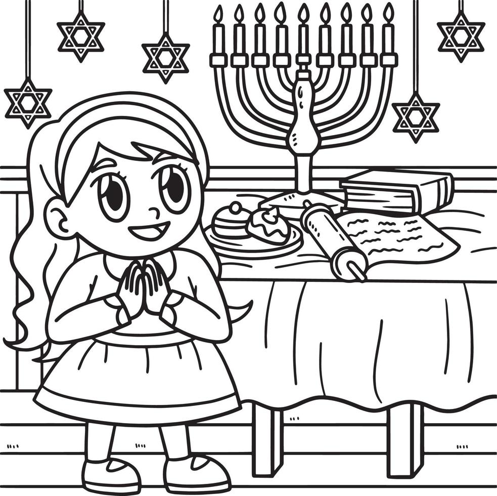 Hanukkah Girl Praying with Menorah Coloring Page vector