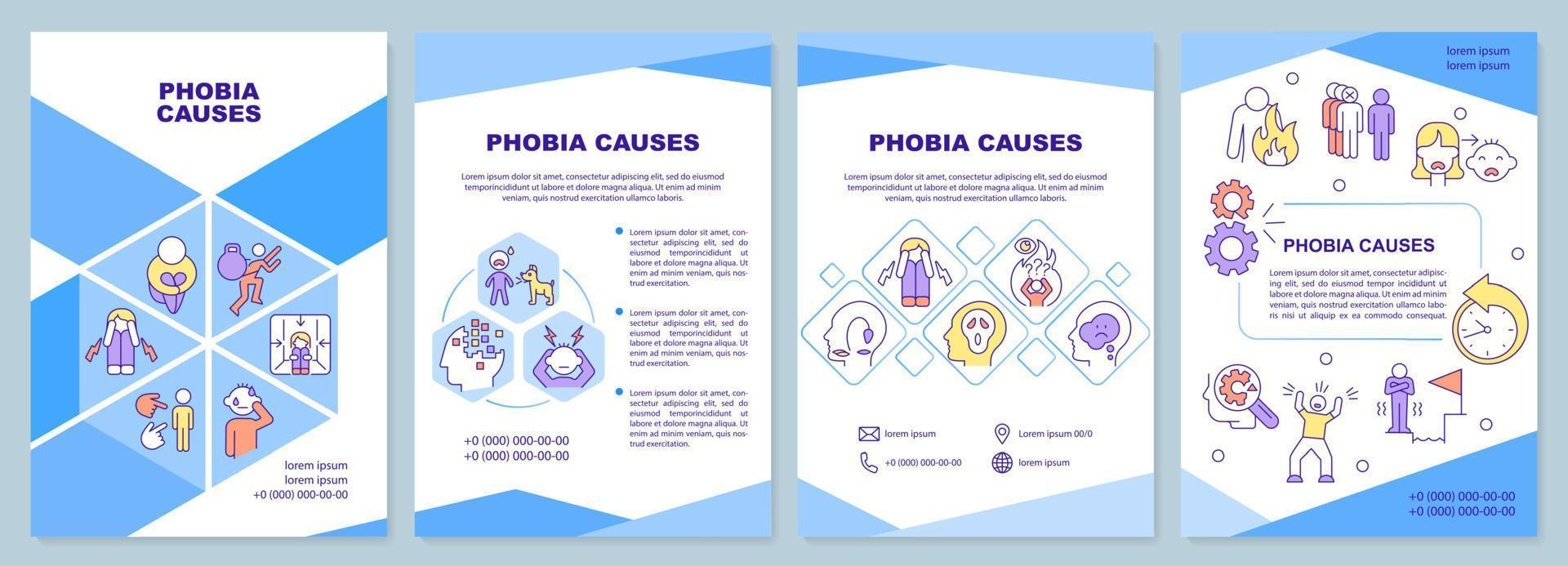 Phobia causes brochure template. Anxiety disorder factors. Leaflet design with linear icons. 4 vector layouts for presentation, annual reports.