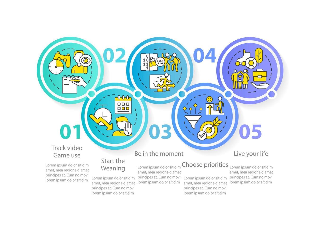 Coping with gaming addiction circle infographic template. Games obsession. Data visualization with 5 steps. Process timeline info chart. Workflow layout with line icons. vector