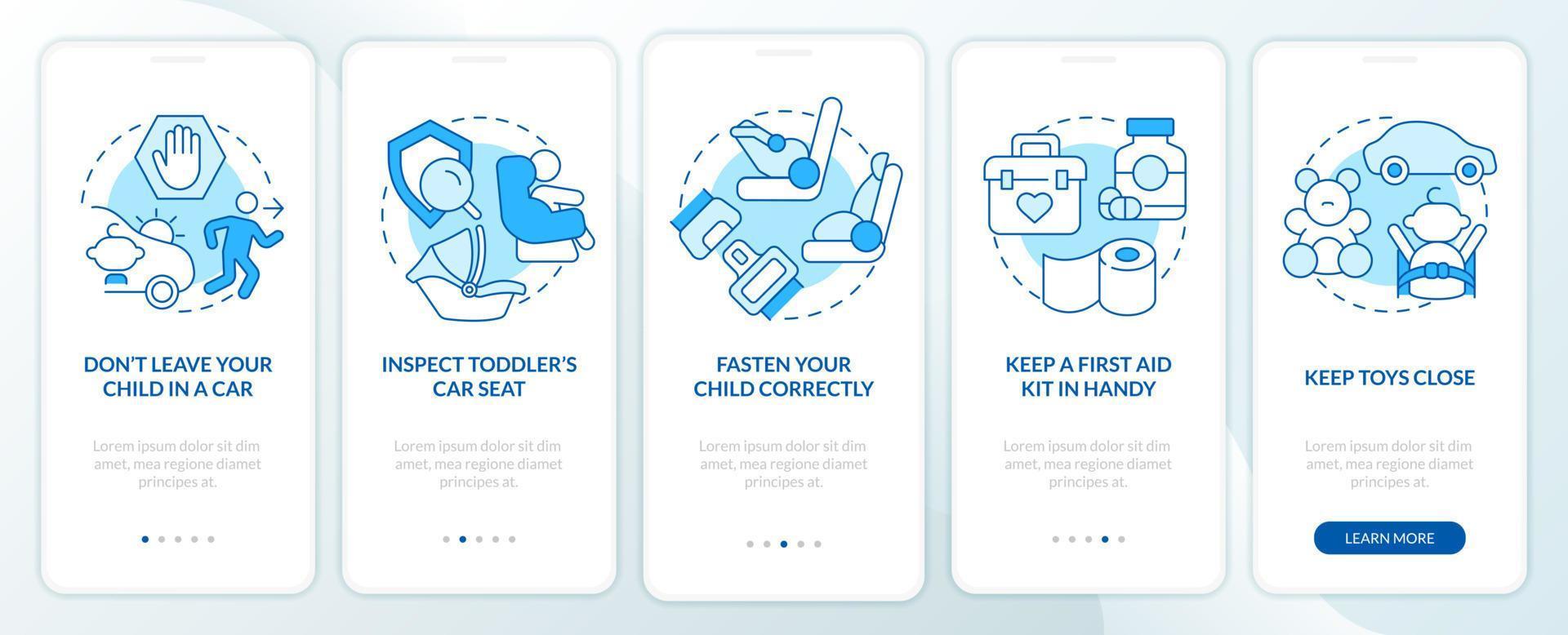 Road trip with toddlers tips blue onboarding mobile app screen. Walkthrough 5 steps editable graphic instructions with linear concepts. UI, UX, GUI template. vector