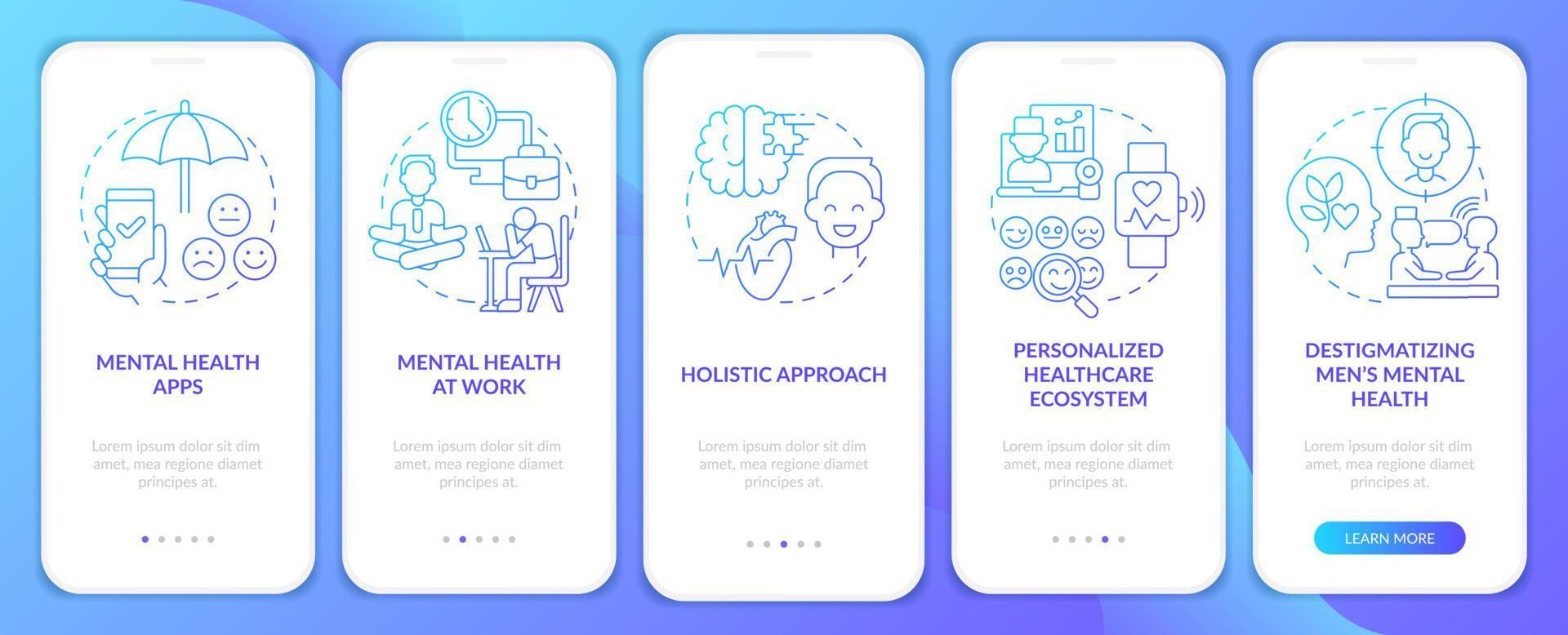 Mental health improving blue gradient onboarding mobile app screen. Walkthrough 5 steps graphic instructions pages with linear concepts. UI, UX, GUI template. vector