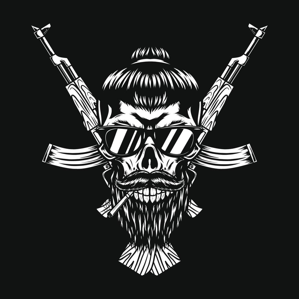 Men skull with beard, gun and cigarette vector