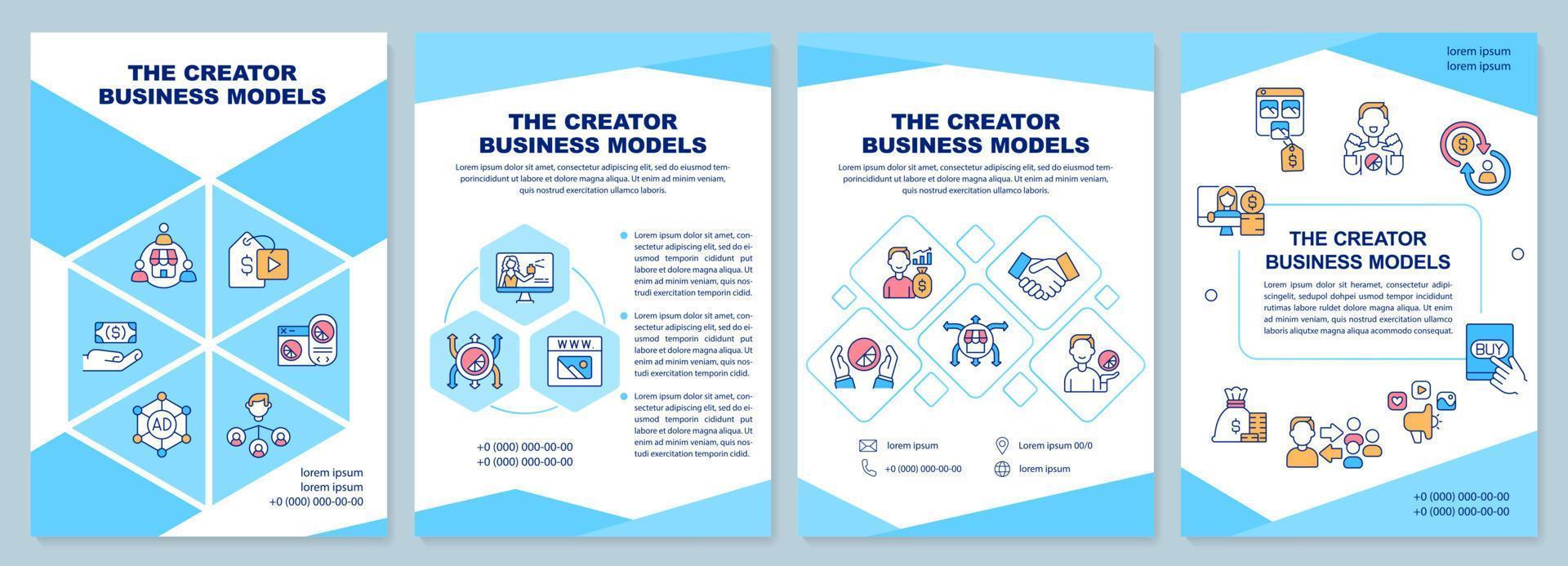 Creator business models blue brochure template. Leaflet design with linear icons. Editable 4 vector layouts for presentation, annual reports.