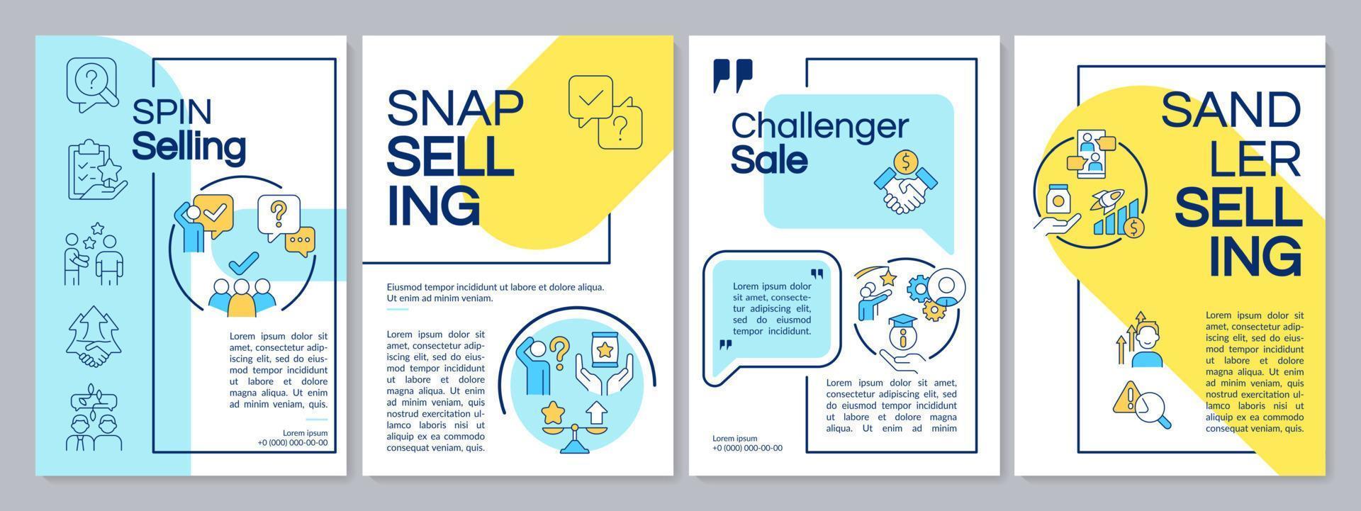 Sales techniques blue and yellow brochure template. Modern marketing. Leaflet design with linear icons. Editable 4 vector layouts for presentation, annual reports.