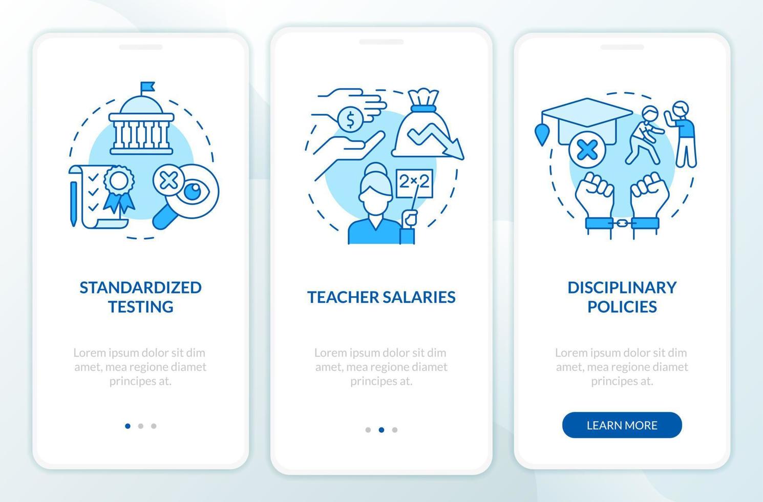Major education issues blue onboarding mobile app screen. Walkthrough 3 steps editable graphic instructions with linear concepts. UI, UX, GUI template. vector