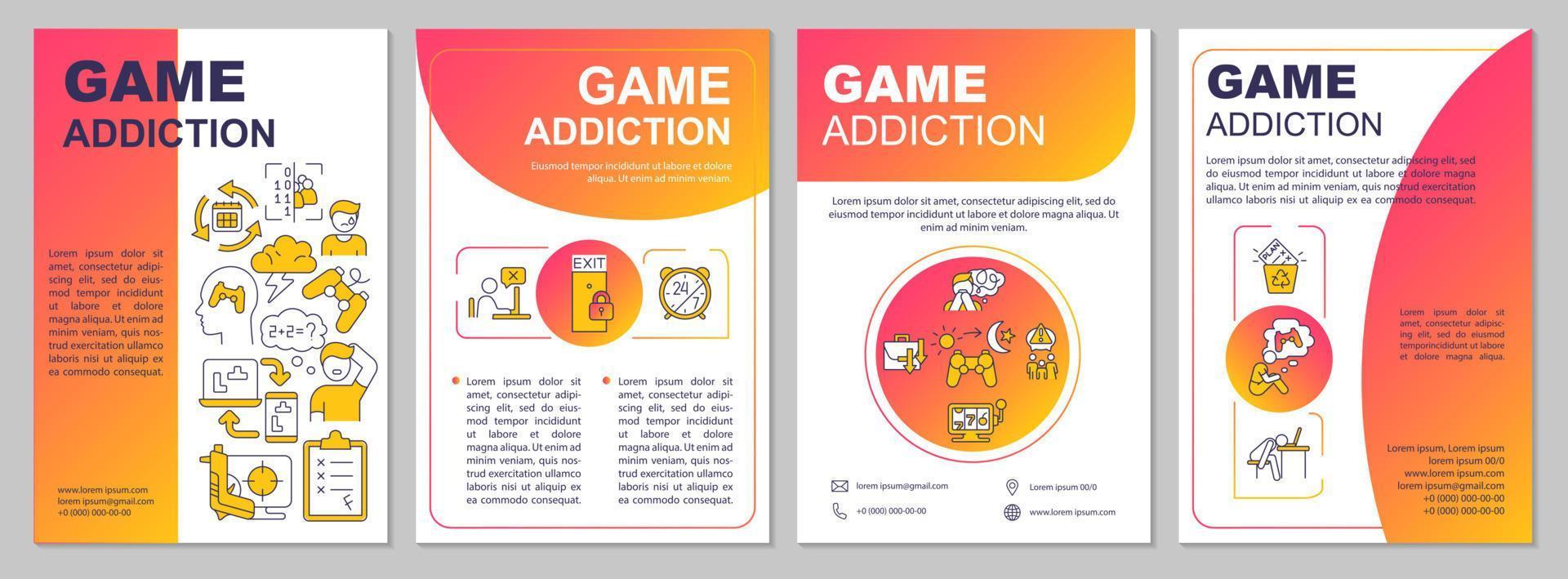 Game addiction red gradient brochure template. Internet gaming disorder. Leaflet design with linear icons. 4 vector layouts for presentation, annual reports.