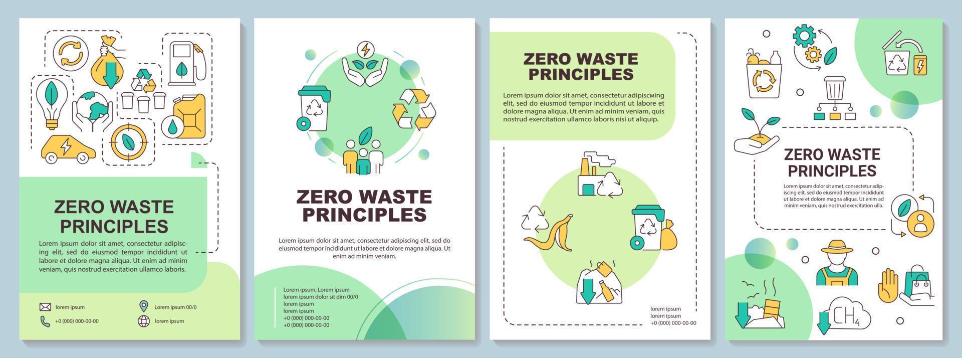 Zero waste approaches green brochure template. Waste management. Leaflet design with linear icons. Editable 4 vector layouts for presentation, annual reports.
