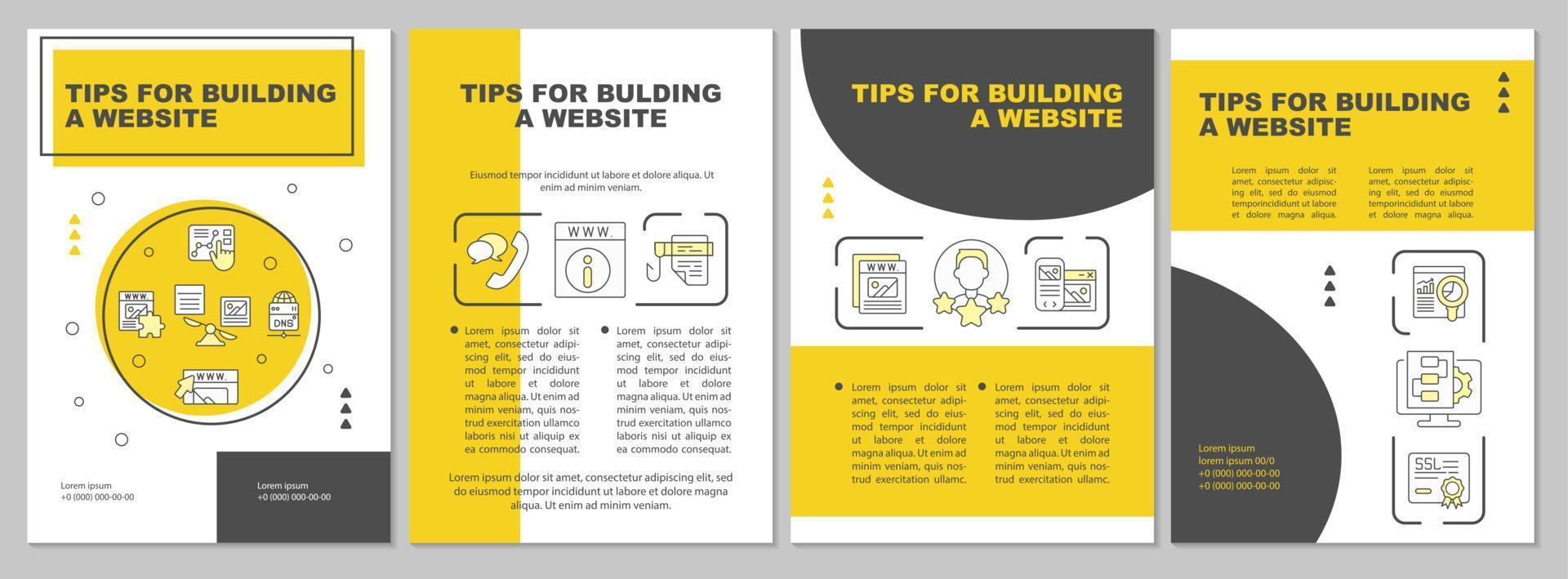 Steps in making professional website yellow brochure template. Leaflet design with linear icons. Editable 4 vector layouts for presentation, annual reports.