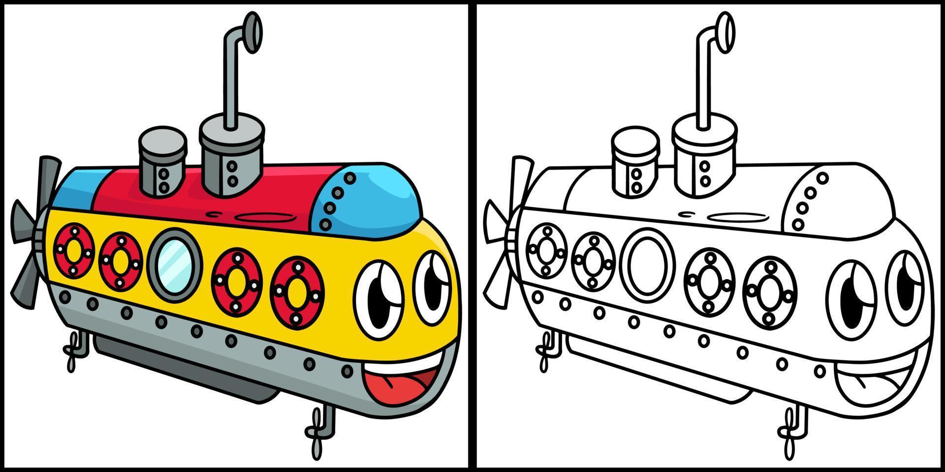 Submarine with Face Vehicle Coloring Illustration vector