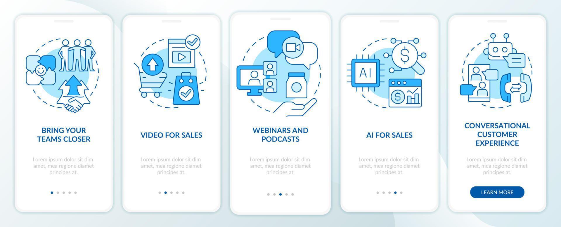 Sales trends blue onboarding mobile app screen. Marketing development walkthrough 5 steps editable graphic instructions with linear concepts. UI, UX, GUI template. vector