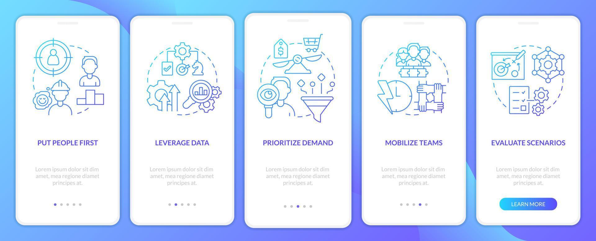 Prioridades de la cadena de suministro pantalla de la aplicación móvil de incorporación de degradado azul. tutorial de gestión 5 pasos instrucciones gráficas con conceptos lineales. interfaz de usuario, ux, plantilla de interfaz gráfica de usuario. vector