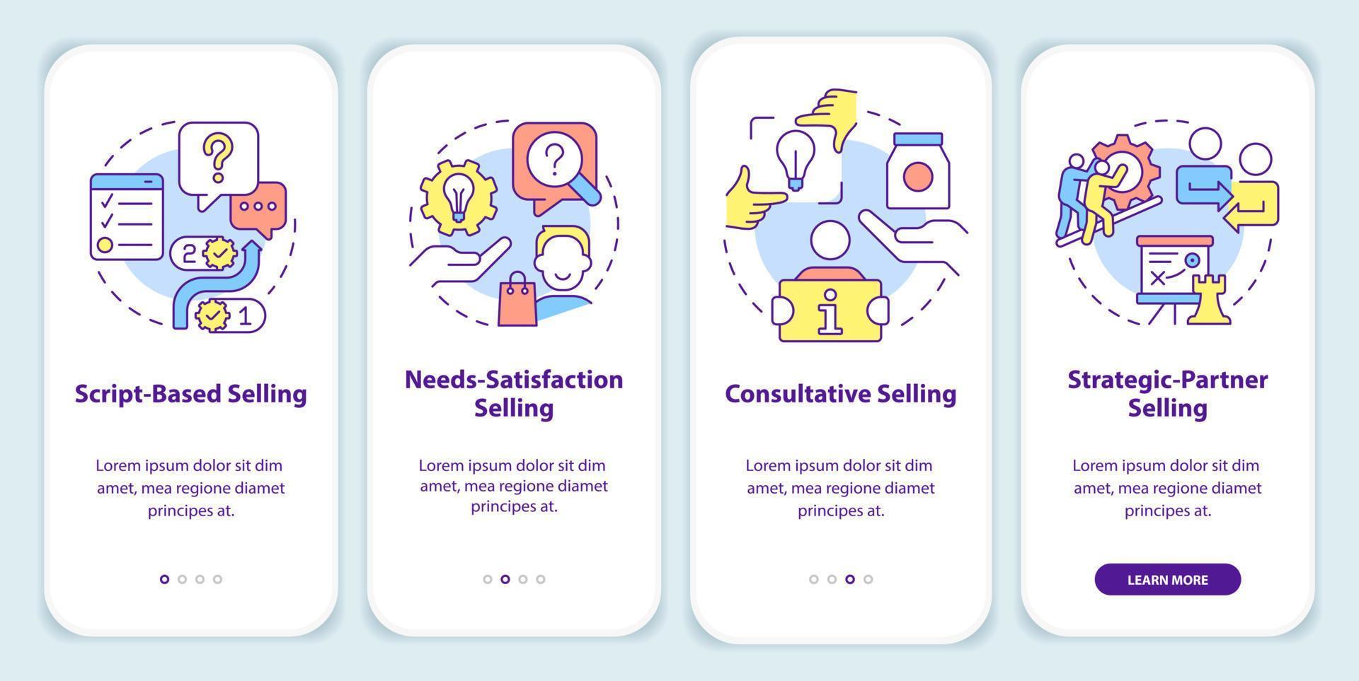 Selling strategies onboarding mobile app screen. Marketing methods walkthrough 4 steps editable graphic instructions with linear concepts. UI, UX, GUI template. vector