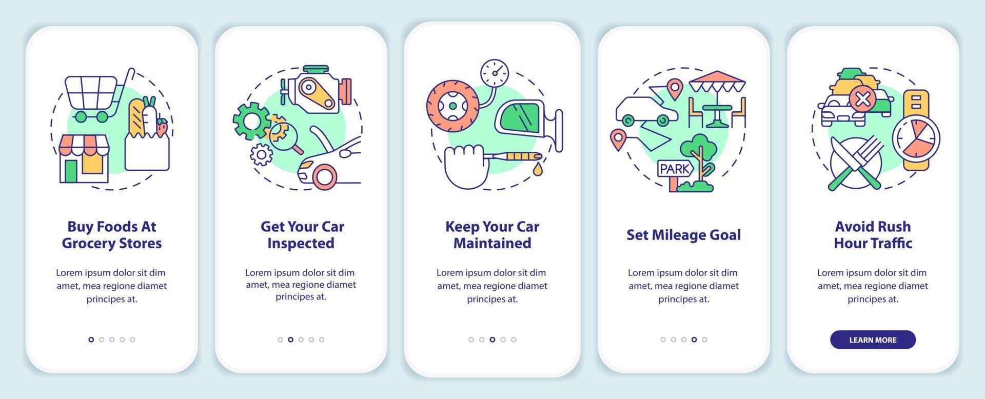 Road trip tips onboarding mobile app screen. Preparing for car travel walkthrough 5 steps editable graphic instructions with linear concepts. UI, UX, GUI template. vector
