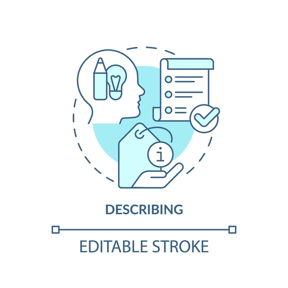 Describing turquoise concept icon. Communicative function abstract idea thin line illustration. Give details about things. Isolated outline drawing. Editable stroke. vector