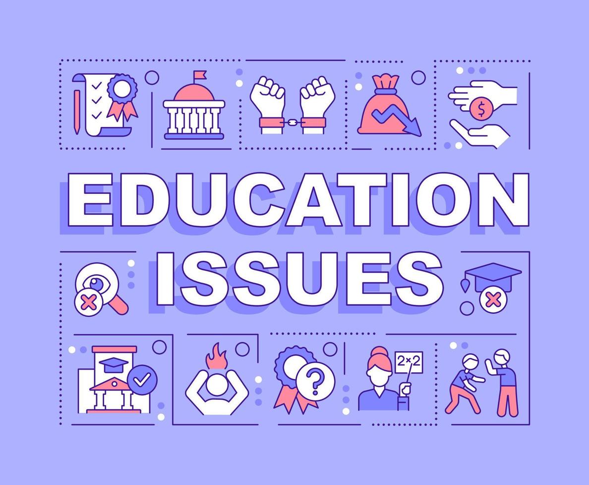 Education issues word concepts purple banner. Studying problems. Infographics with editable icons on color background. Isolated typography. Vector illustration with text. ..