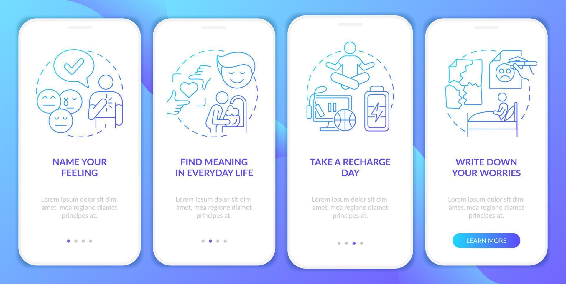 Improving mental health blue gradient onboarding mobile app screen. Walkthrough 4 steps graphic instructions pages with linear concepts. UI, UX, GUI template. vector