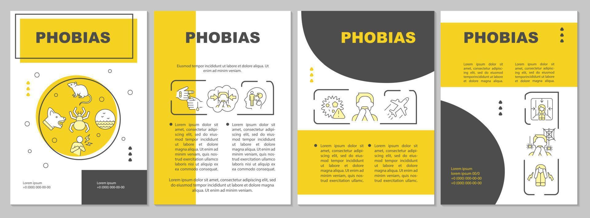 Phobias yellow brochure template. Anxiety disorder. Fear and panic. Leaflet design with linear icons. 4 vector layouts for presentation, annual reports.