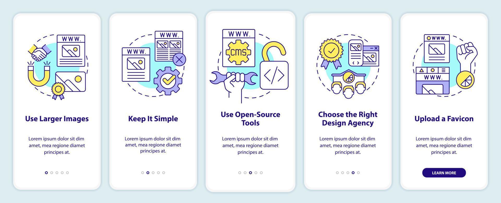 Making professional website onboarding mobile app screen. Simplicity walkthrough 5 steps editable graphic instructions with linear concepts. UI, UX, GUI template. vector
