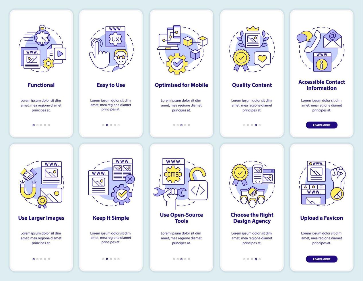 creación de un sitio web de alta calidad que incorpore un conjunto de pantallas de aplicaciones móviles. tutorial 5 pasos instrucciones gráficas editables con conceptos lineales. interfaz de usuario, ux, plantilla de interfaz gráfica de usuario. vector