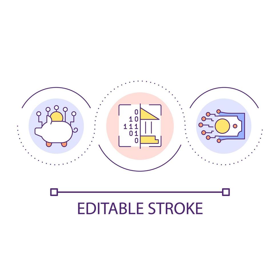 Banking digitalization loop concept icon. Cryptocurrency and cash. Savings in virtual and real money abstract idea thin line illustration. Isolated outline drawing. Editable stroke. vector