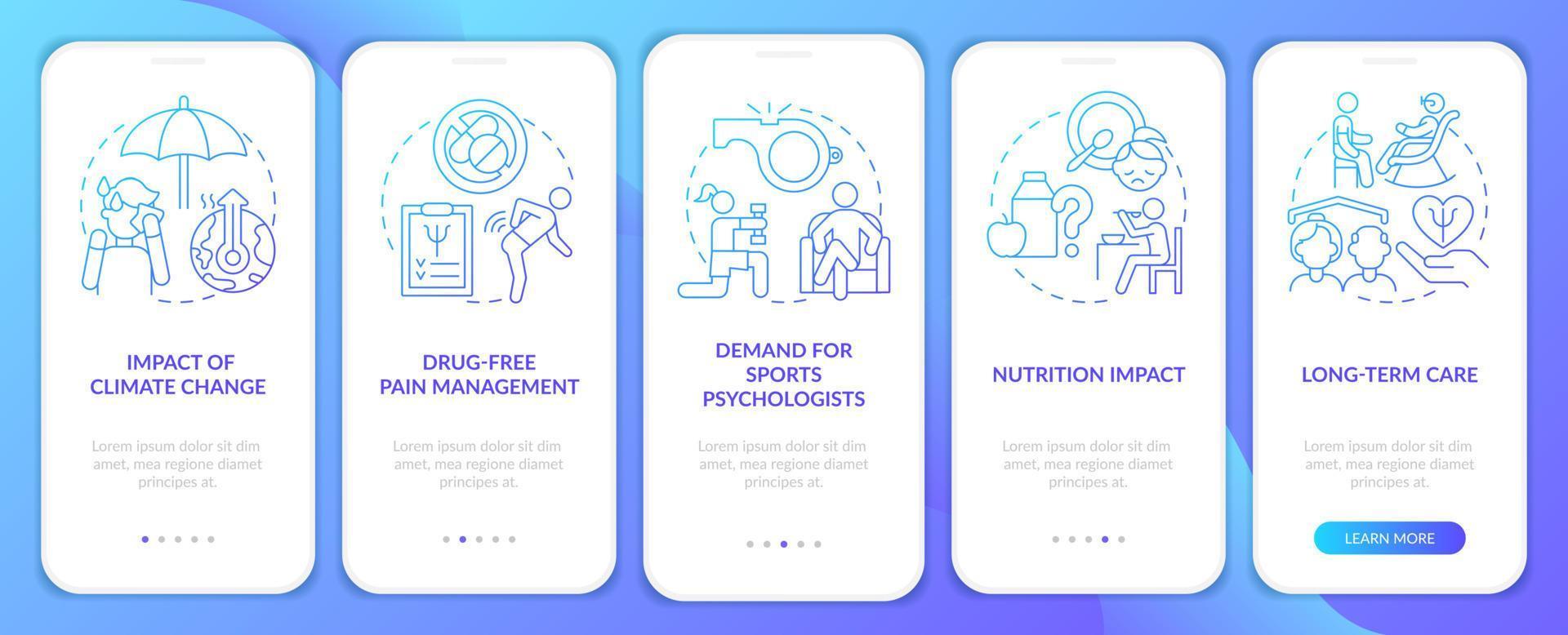 tendencias en la pantalla de la aplicación móvil de incorporación de degradado azul de salud mental. tutorial 5 pasos páginas de instrucciones gráficas con conceptos lineales. interfaz de usuario, ux, plantilla de interfaz gráfica de usuario. vector