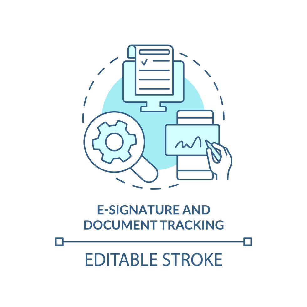 E-signature and document tracking turquoise concept icon. Sales tool abstract idea thin line illustration. Legal status. Isolated outline drawing. Editable stroke. vector