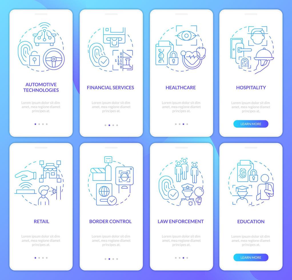 Usage of biometric technology blue gradient onboarding mobile app screen set. Walkthrough 4 steps graphic instructions with linear concepts. UI, UX, GUI template. vector