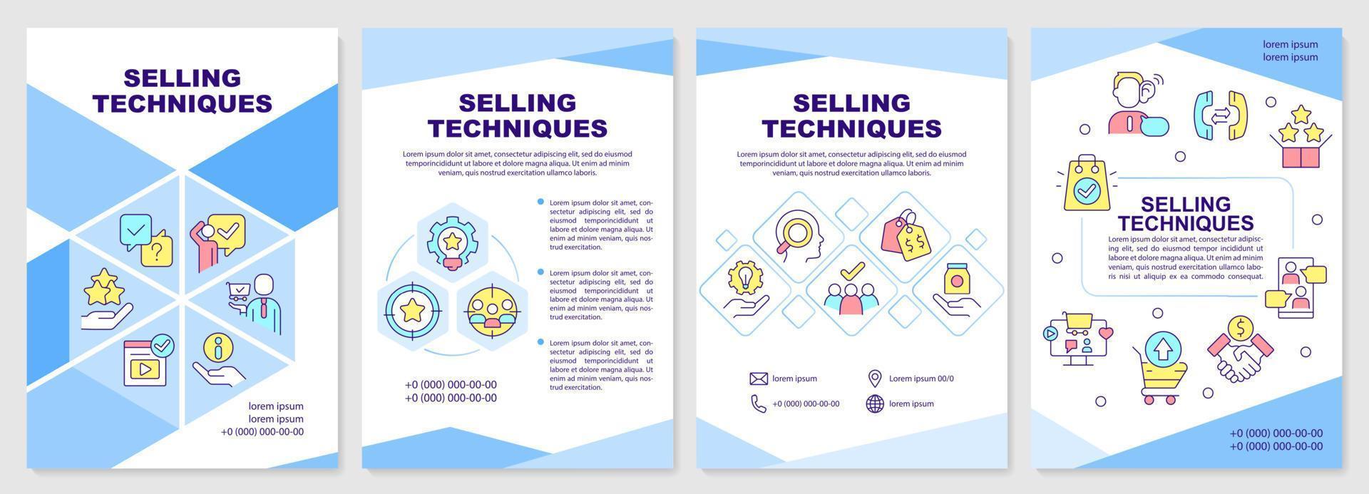 Selling techniques blue brochure template. Methods of sales. Leaflet design with linear icons. Editable 4 vector layouts for presentation, annual reports.