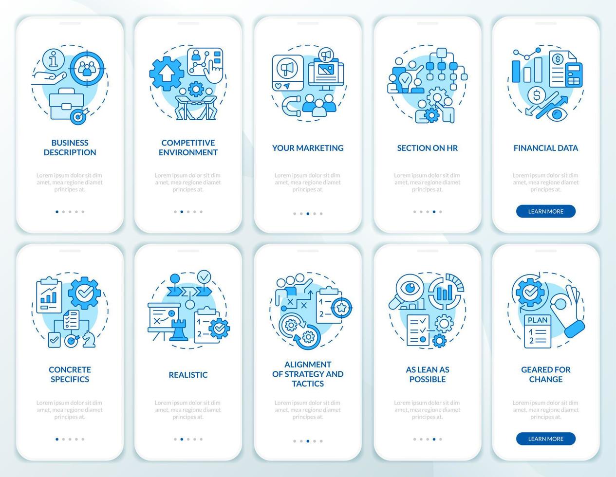 conjunto de pantalla de aplicación móvil de incorporación azul de éxito de planificación empresarial. tutorial 5 pasos instrucciones gráficas editables con conceptos lineales. interfaz de usuario, ux, plantilla de interfaz gráfica de usuario. vector