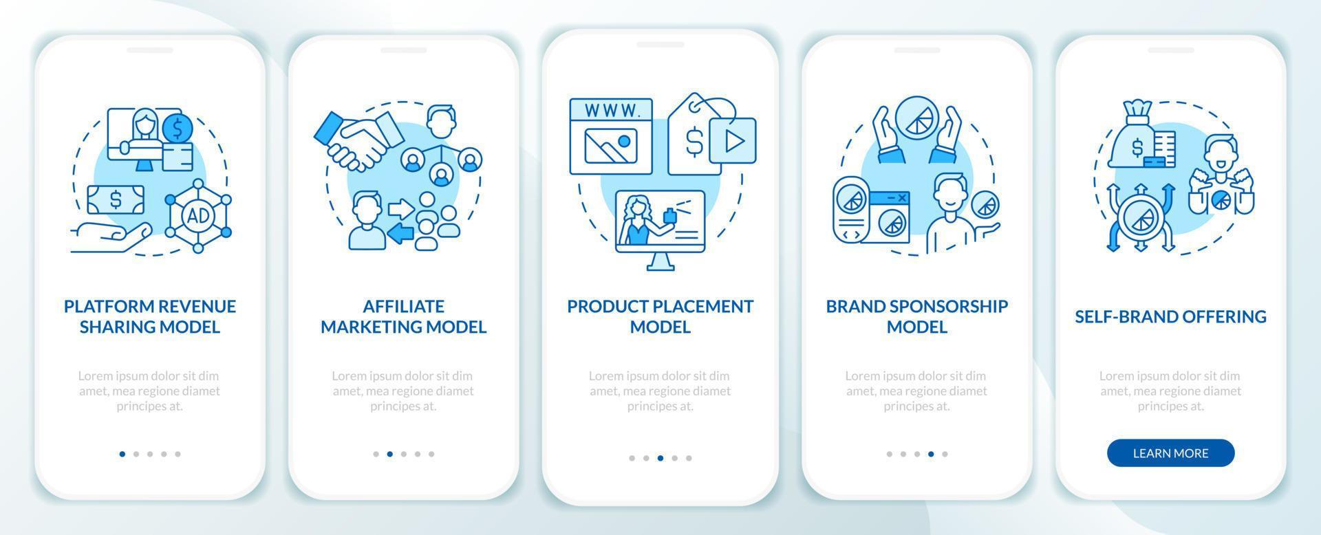 Creator business models blue onboarding mobile app screen. Marketing walkthrough 5 steps editable graphic instructions with linear concepts. UI, UX, GUI template. vector