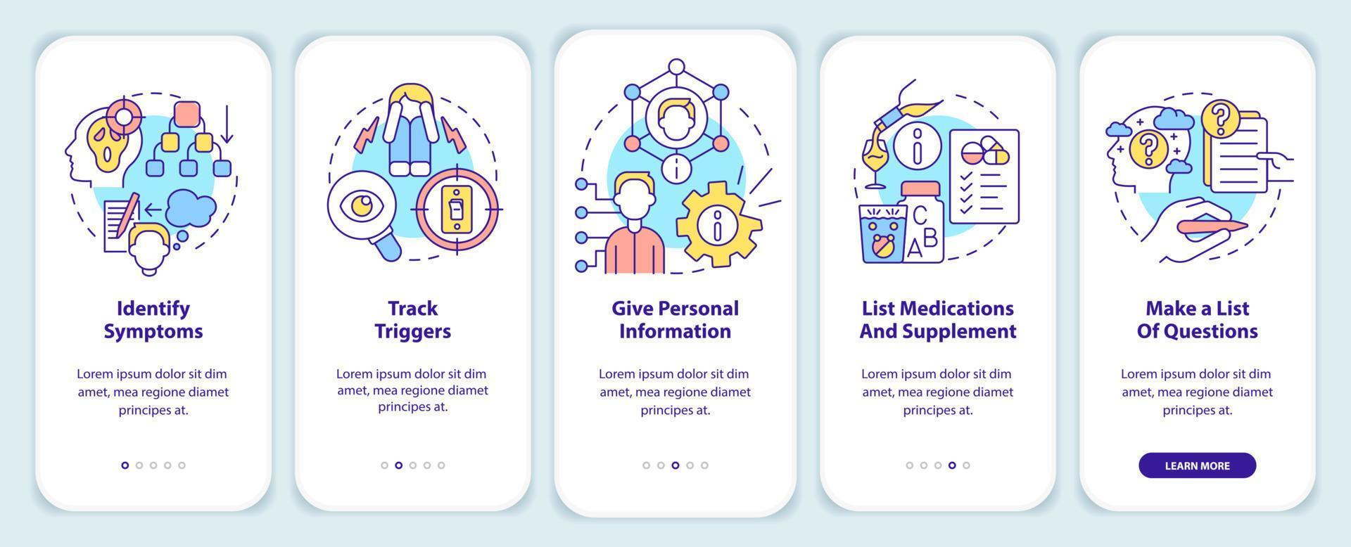 Before appointment with therapist onboarding mobile app screen. Walkthrough 5 steps graphic instructions pages with linear concepts. UI, UX, GUI template. vector