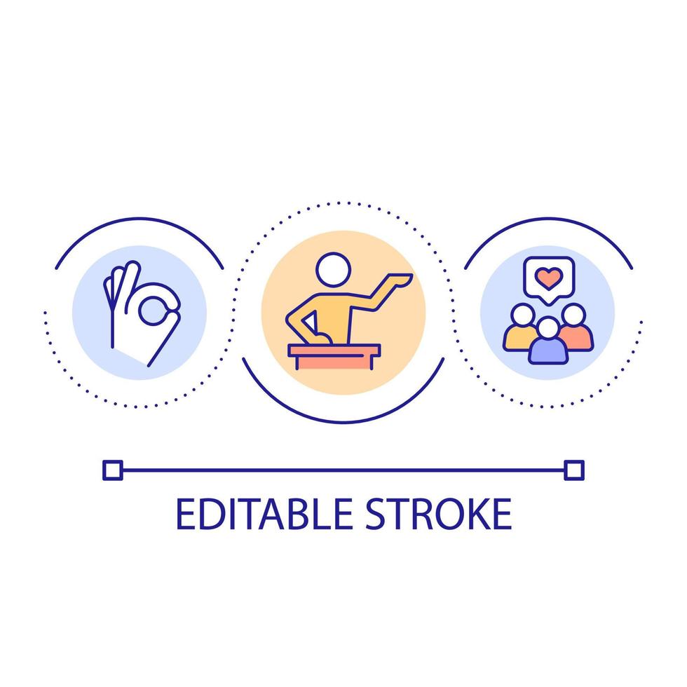 Become good public speaker loop concept icon. Connection with listeners abstract idea thin line illustration. Strong speech before audience. Isolated outline drawing. Editable stroke. vector