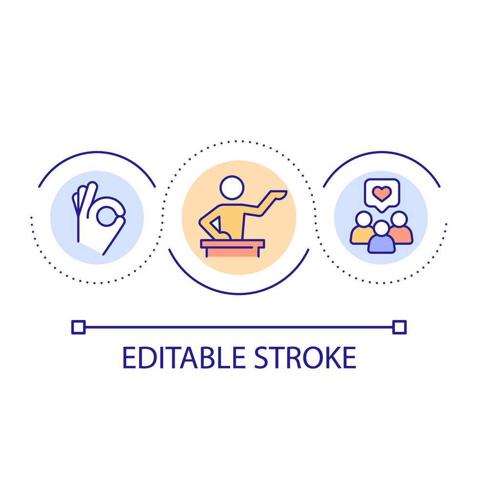 convertirse en un buen icono de concepto de bucle de orador público. conexión con los oyentes idea abstracta ilustración de línea delgada. fuerte discurso ante la audiencia. dibujo de contorno aislado. trazo editable. vector