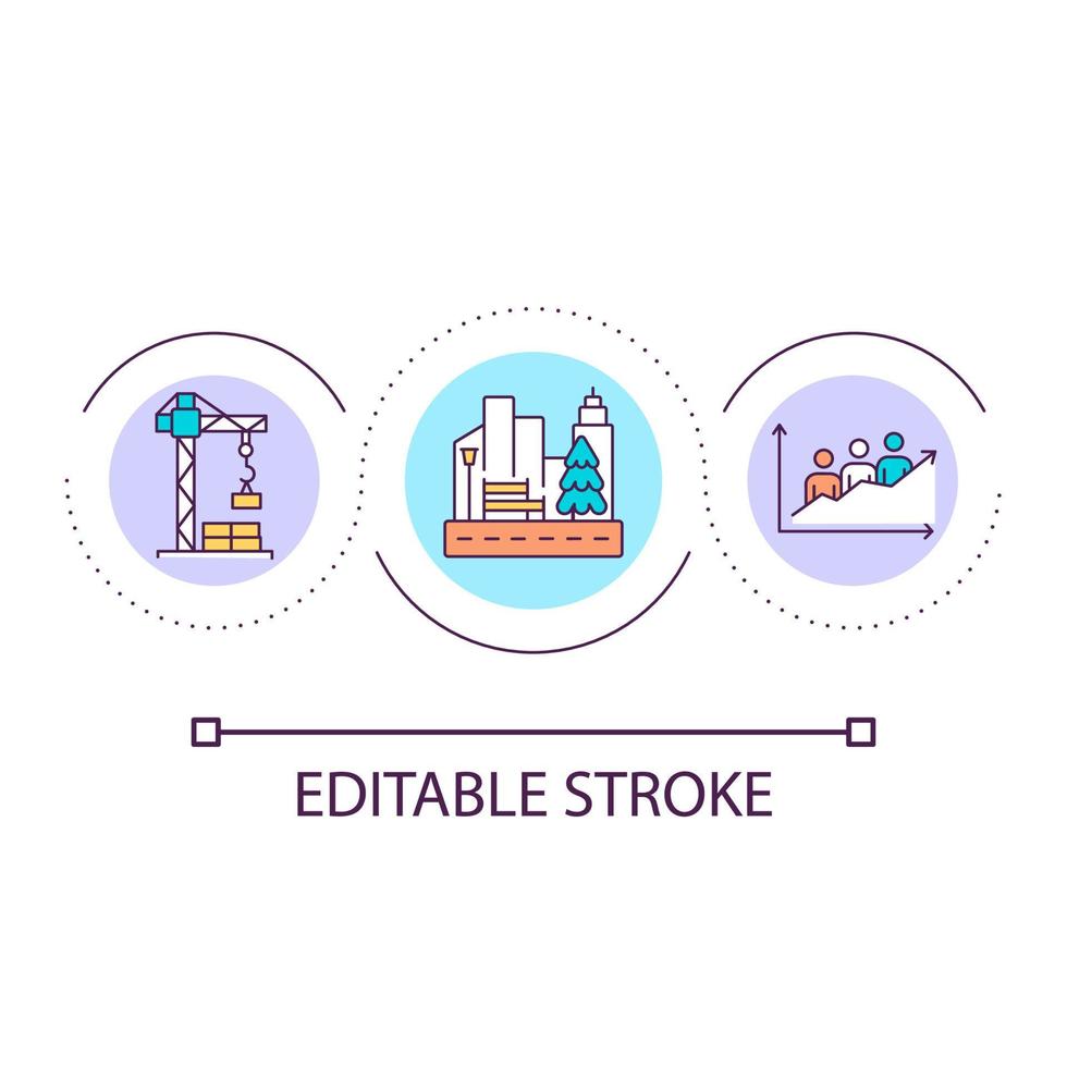 Urban development loop concept icon. City architecture and infrastructure. Citizens life satisfaction abstract idea thin line illustration. Isolated outline drawing. Editable stroke. vector