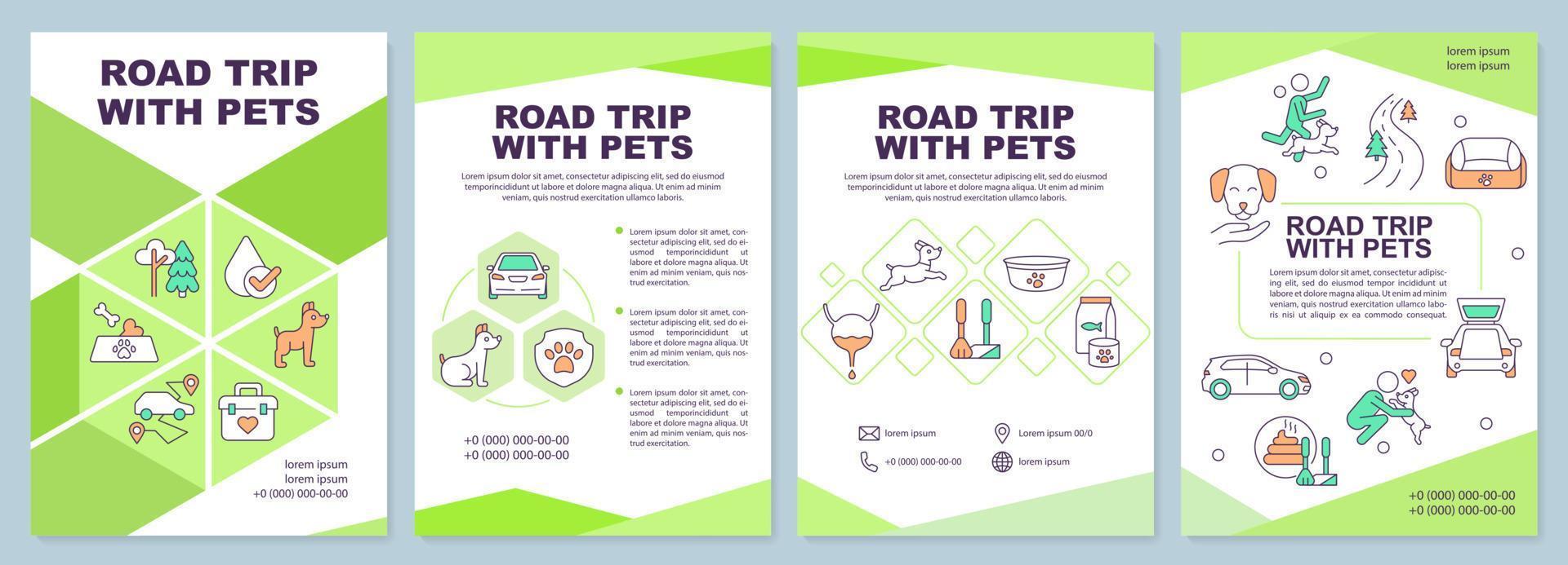 Road trip with pets brochure template. Car travel. Leaflet design with linear icons. Editable 4 vector layouts for presentation, annual reports.