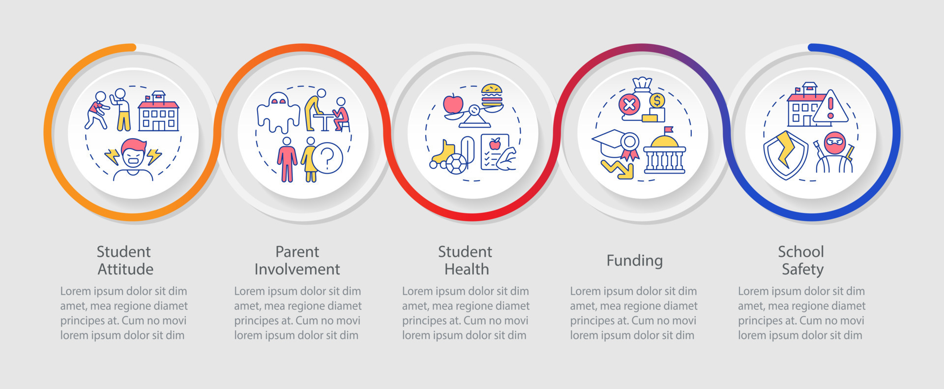 Problems in public schools loop infographic template. Education issues