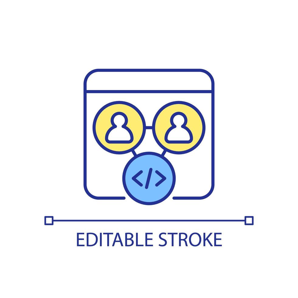Online collaboration RGB color icon. Teamwork. Developing software in team. Programming language. Isolated vector illustration. Simple filled line drawing. Editable stroke.