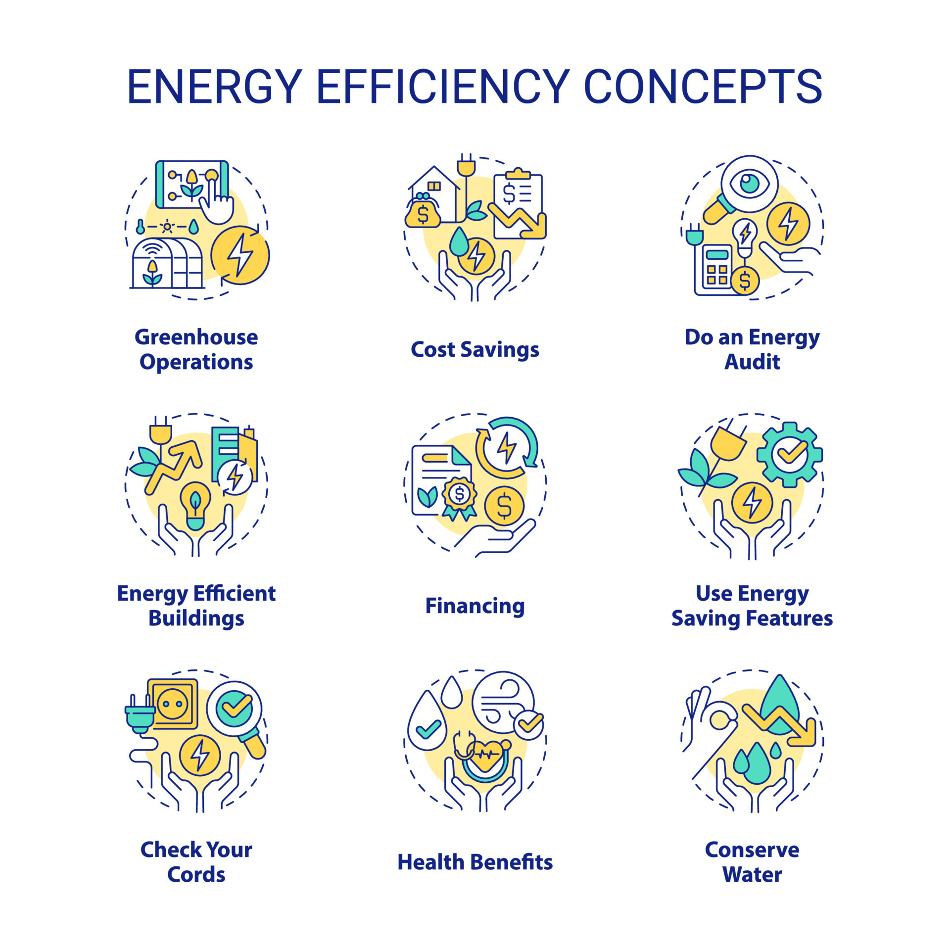 Energy efficiency concept icons set. Electricity and power conservation