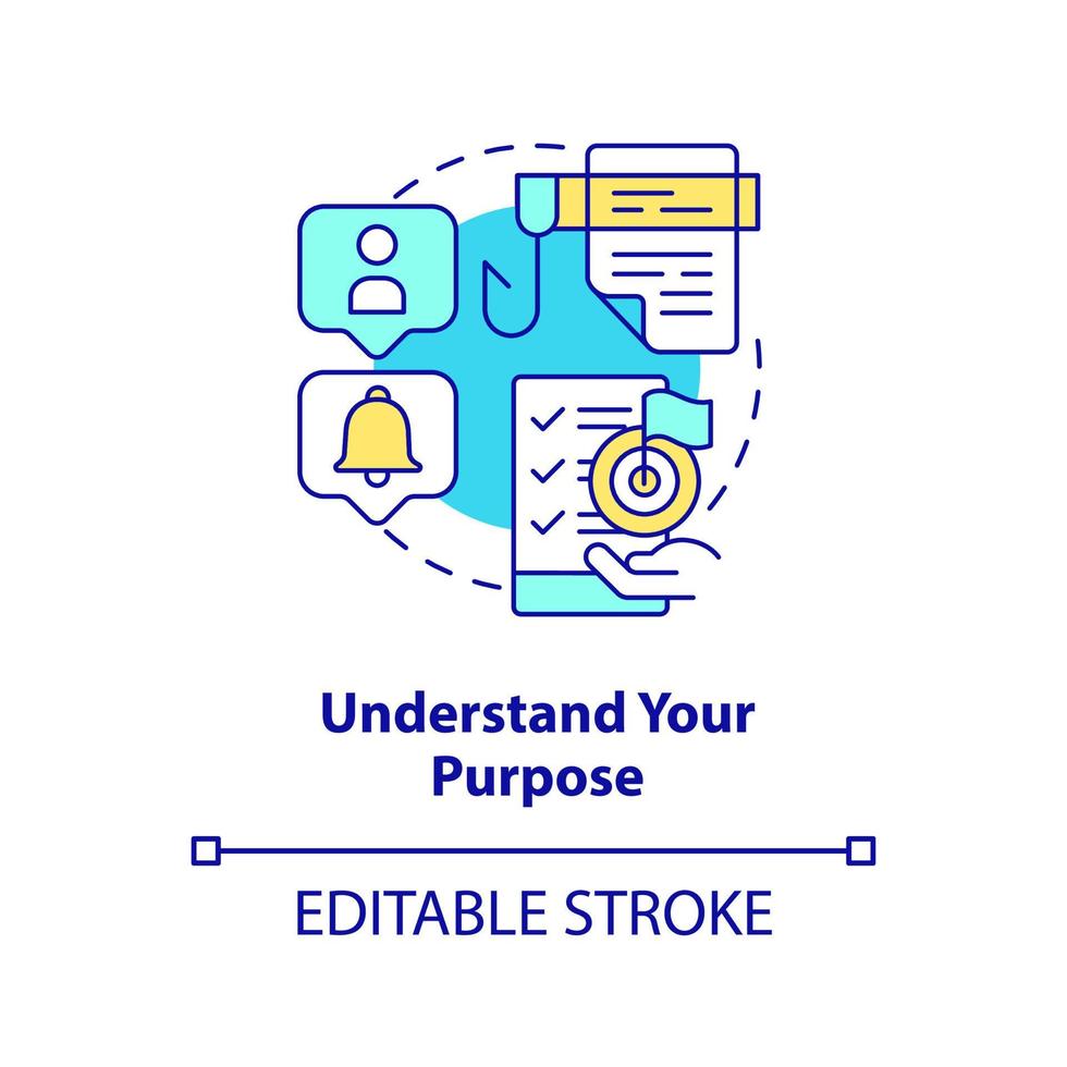 Understand purpose concept icon. Tip for designing website abstract idea thin line illustration. Identify particular topic. Isolated outline drawing. Editable stroke. vector