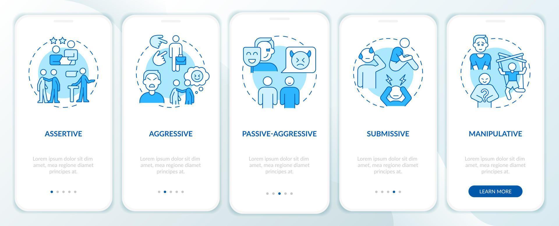 Basic communication styles blue onboarding mobile app screen. Walkthrough 5 steps graphic instructions pages with linear concepts. UI, UX, GUI template. vector