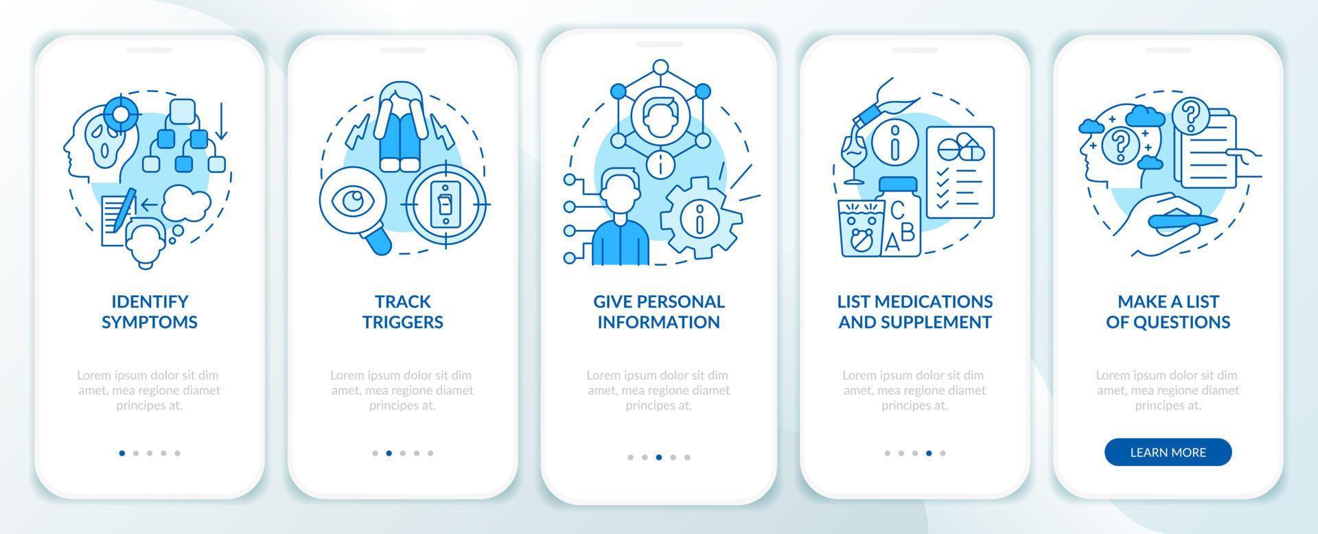 Before appointment with therapist blue onboarding mobile app screen. Walkthrough 5 steps graphic instructions pages with linear concepts. UI, UX, GUI template. vector