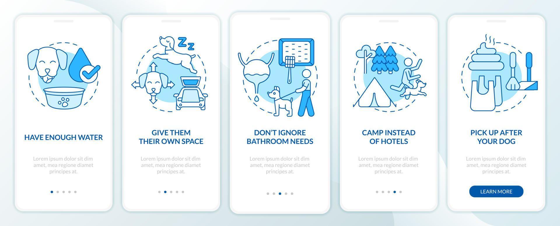 Road trip with pets advice blue onboarding mobile app screen. Walkthrough 5 steps editable graphic instructions with linear concepts. UI, UX, GUI template. vector