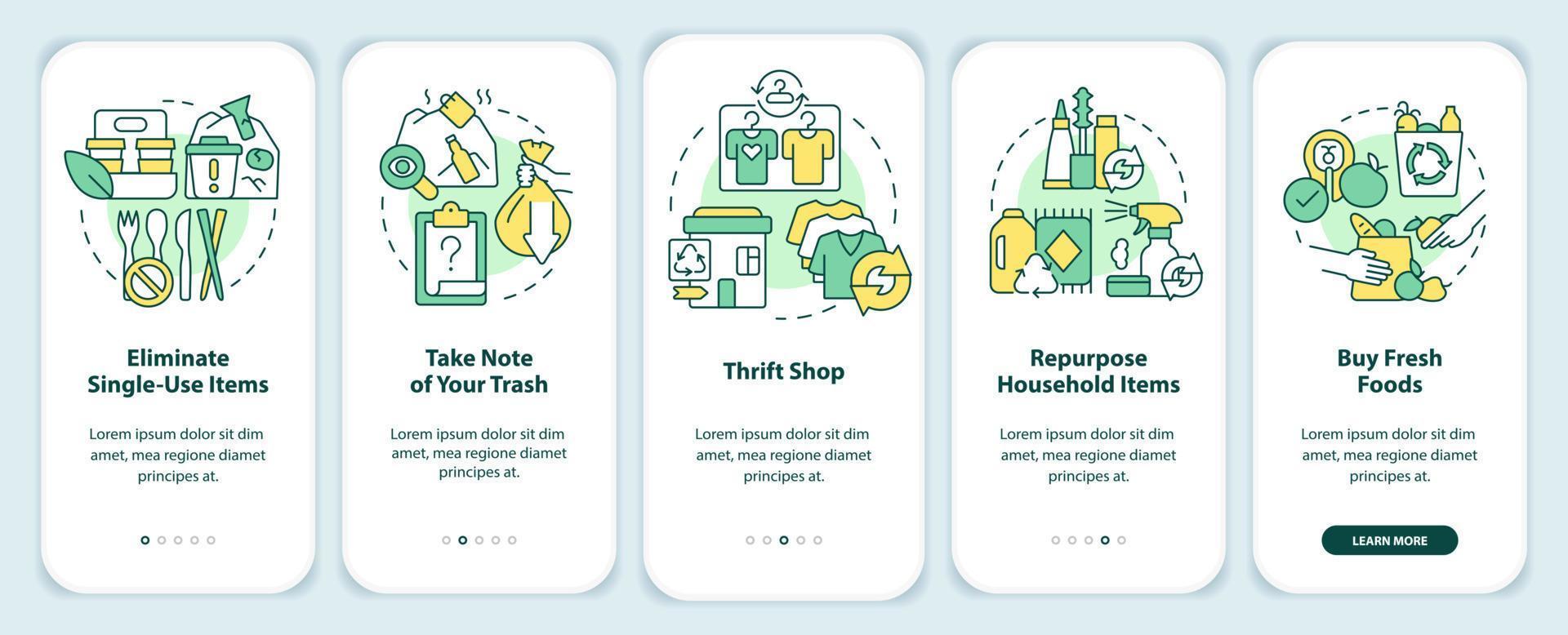 Transitioning into zero-waste lifestyle onboarding mobile app screen. Walkthrough 5 steps editable graphic instructions with linear concepts. UI, UX, GUI template. vector
