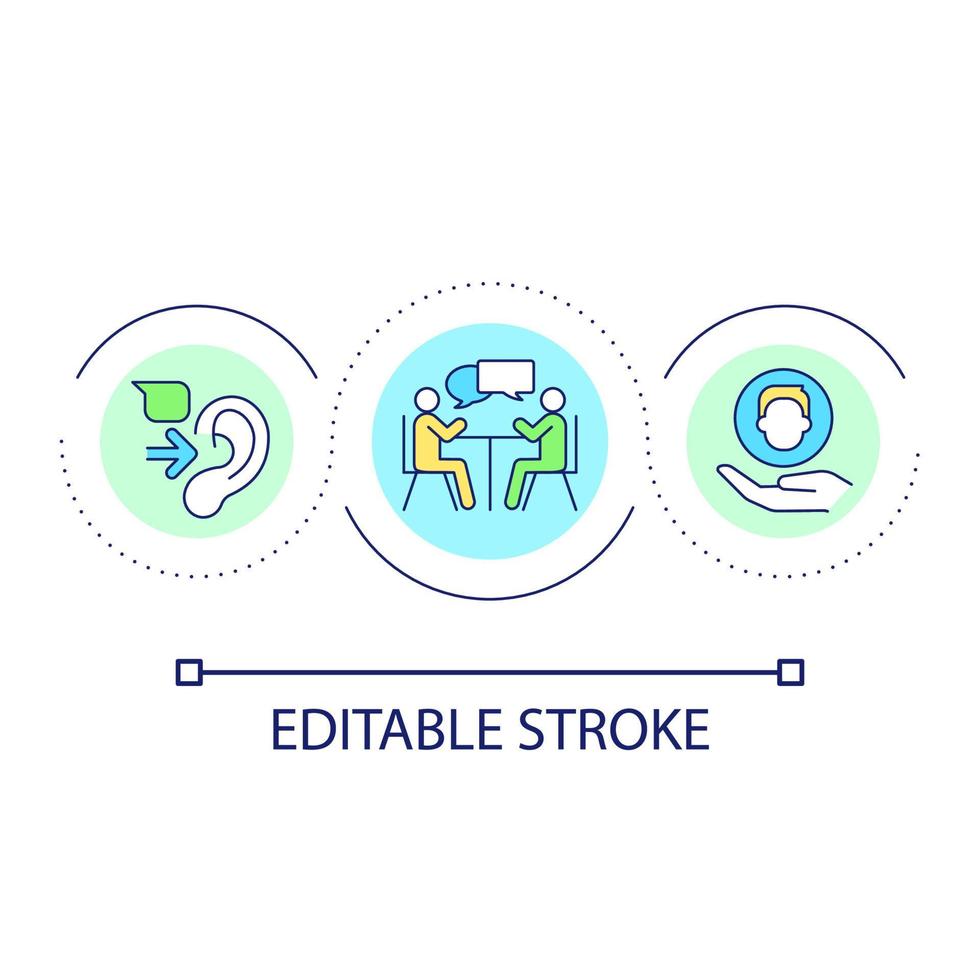 escucha activa durante el icono del concepto de bucle de entrevista de trabajo. candidato comprensivo. habilidades de gerente de recursos humanos idea abstracta ilustración de línea delgada. dibujo de contorno aislado. trazo editable. vector