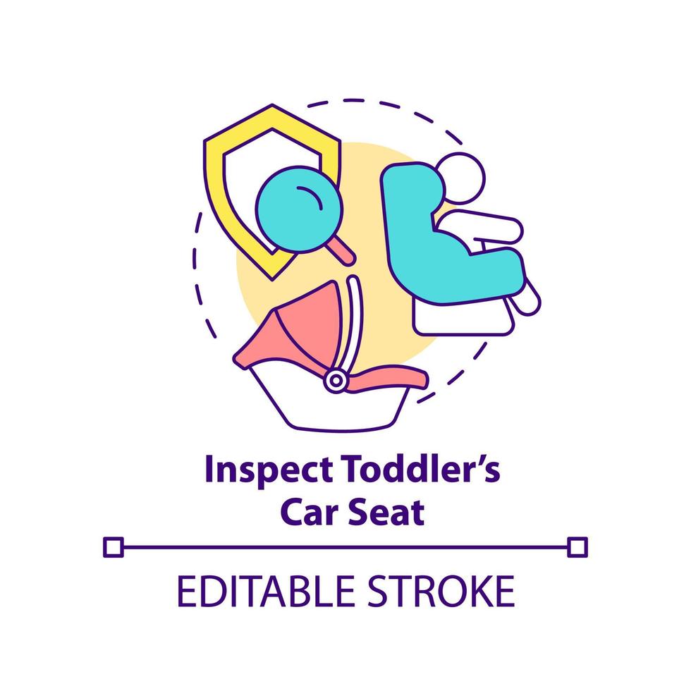 inspeccione el icono del concepto de asiento de coche para niños pequeños. viaje con niños pequeños recomendación idea abstracta ilustración de línea delgada. dibujo de contorno aislado. trazo editable. vector