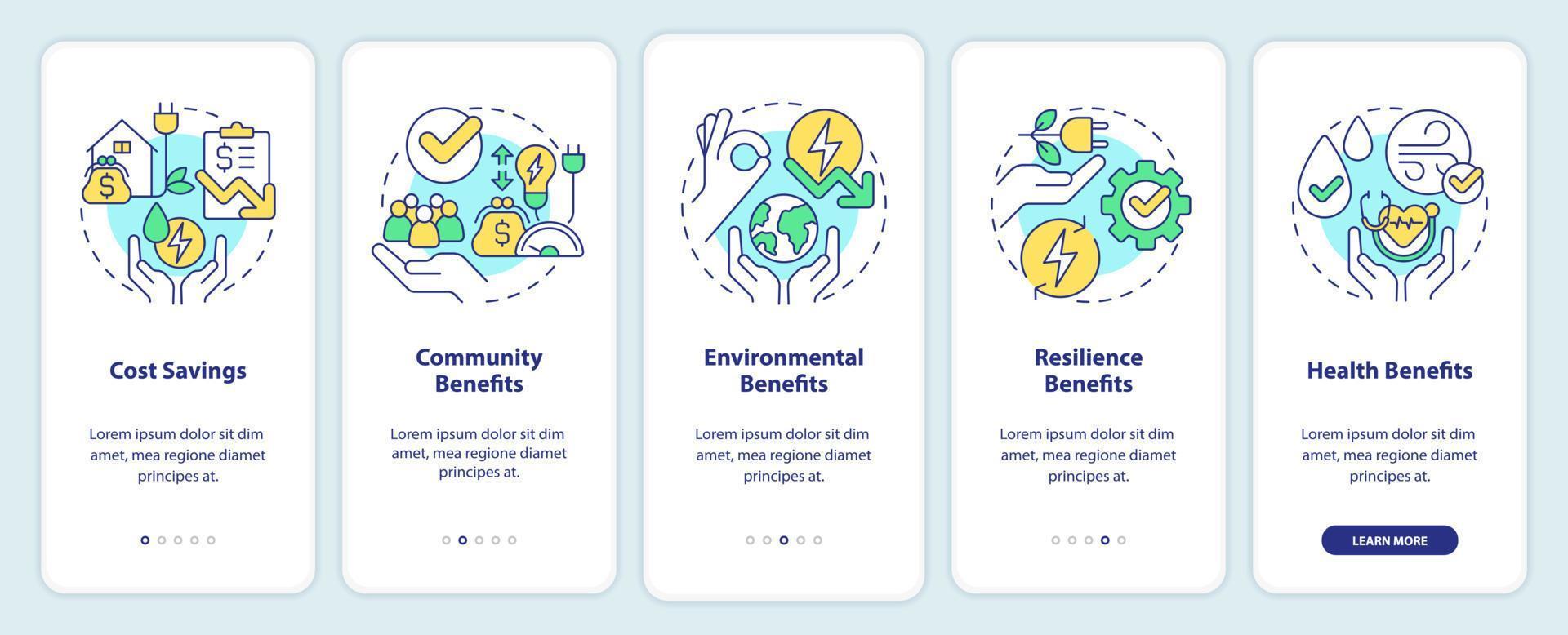 Energy efficiency benefits onboarding mobile app screen. Walkthrough 5 steps editable graphic instructions with linear concepts. UI, UX, GUI template. vector